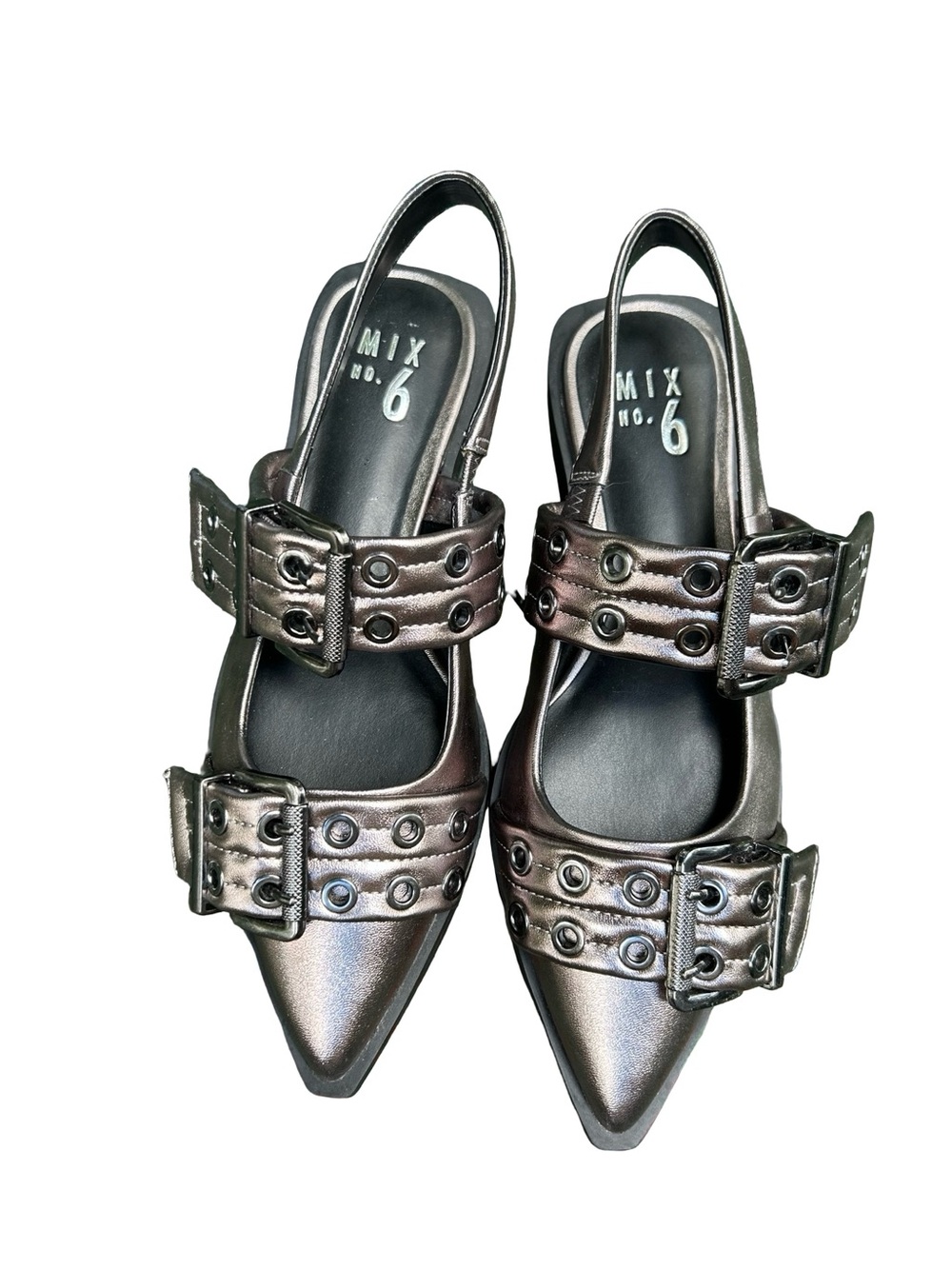 Mix No. 6 Metallic Pewter Pointed Slingback Flats with Buckle Straps